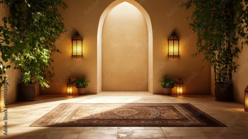 Fototapeta premium Moroccan oasis with intricate rugs and lanterns warm interior interior design cozy ambiance artistic concept