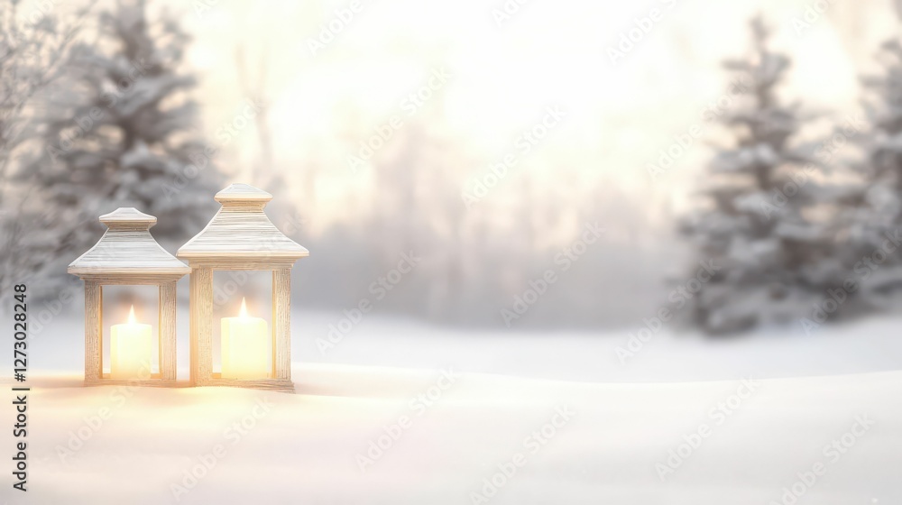 Tranquil nordic winter scene with snow-covered trees and glowing lanterns serene forest landscape photography soft light Tranquil nordic winter scene with snow-covered trees and glowing lanterns serene forest landscape photography soft light