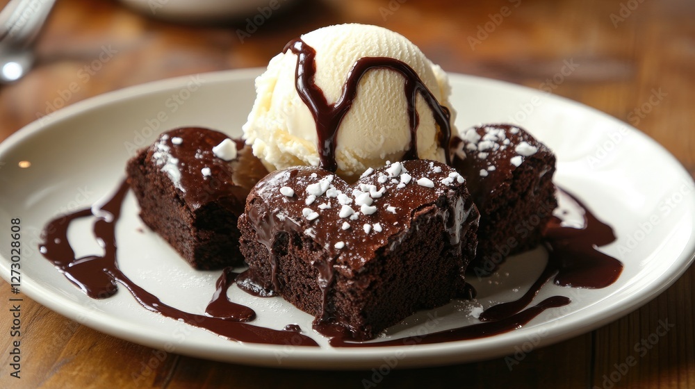 A delicious plate of heart-shaped brownies with creamy vanilla ice cream and rich chocolate sauce on top, perfect for a sweet treat. A delicious plate of heart-shaped brownies with creamy vanilla ice cream and rich chocolate sauce on top, perfect for a sweet treat.