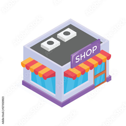 This vibrant isometric illustration showcases a simple shop building.