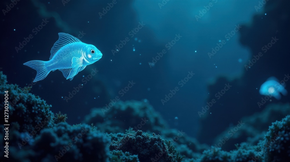 Naklejka premium A luminous aquatic creature gracefully swims through a deep ocean scene, amidst vibrant coral formations and bioluminescent particles.