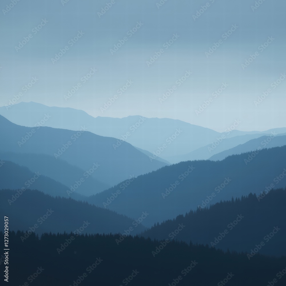 A breathtaking background of layered mountain silhouettes, fading into a soft mist. 