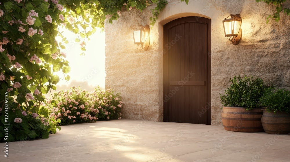 Fototapeta premium Romantic mediterranean courtyard rustic stone wall charming outdoor space lush greenery serene view inviting ambiance