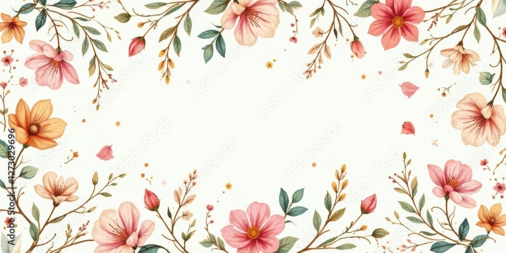 Obraz premium A Delicate Floral Frame Featuring Pastel Blossoms and Lush Greenery, Ideal for Invitations or Announcements