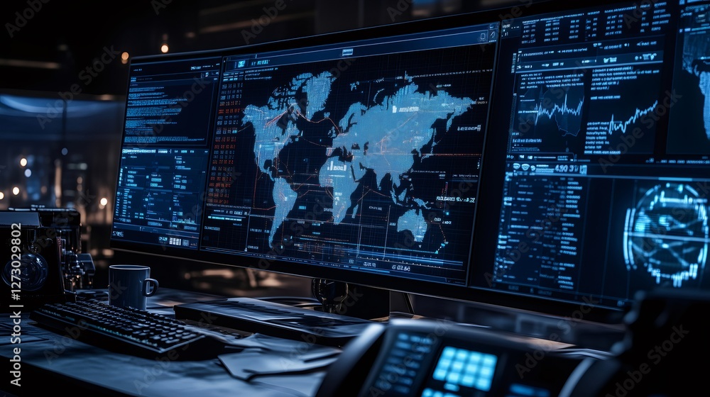Global network security monitoring on multiple computer screens showing world map and data analysis Global network security monitoring on multiple computer screens showing world map and data analysis