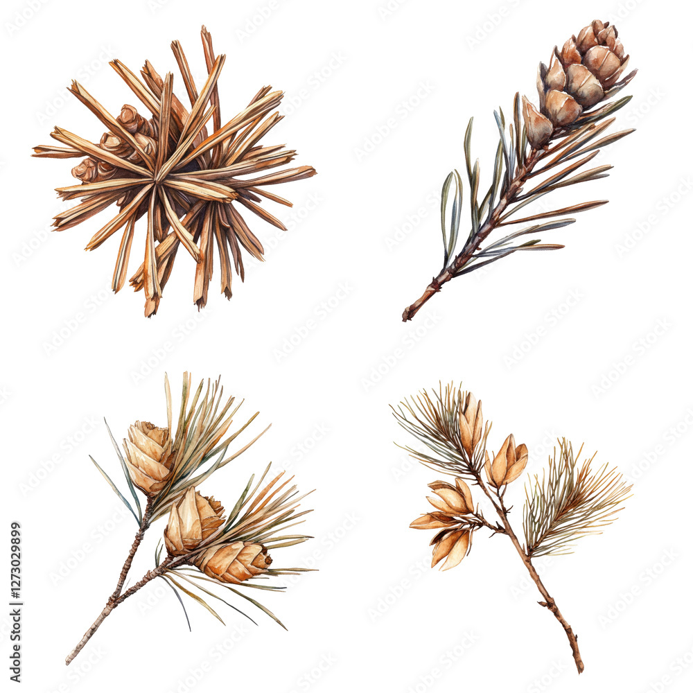 Fototapeta premium Watercolor pine cones and needles natural setting art rustic vibe nature inspired decorative background