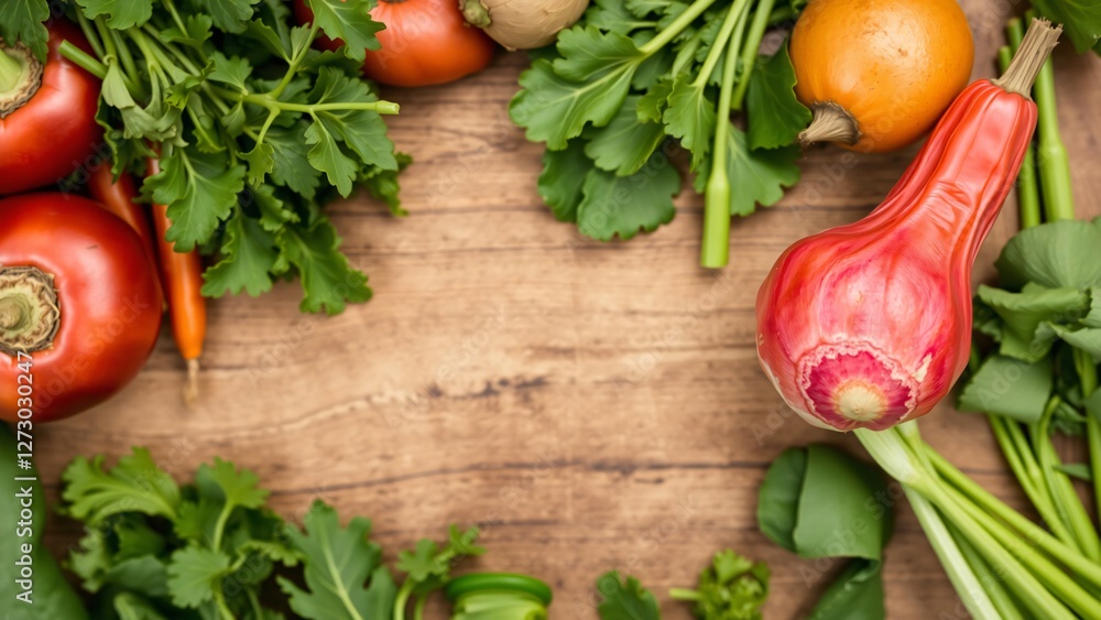Fresh Organic Vegetables and Herbs on Rustic Wooden Background Fresh Organic Vegetables and Herbs on Rustic Wooden Background