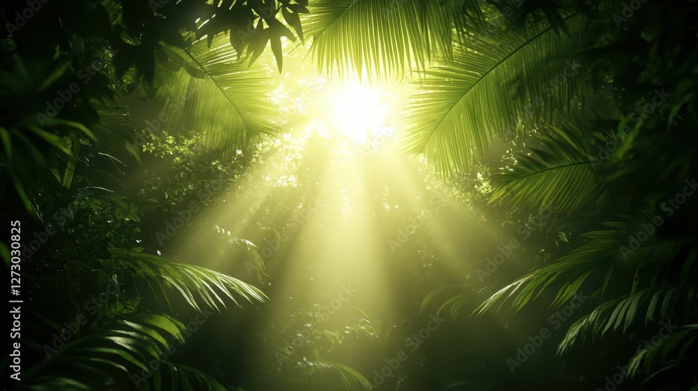 Sunlight piercing through serene rainforest canopy lush greenery nature photography tropical environment close-up tranquility Sunlight piercing through serene rainforest canopy lush greenery nature photography tropical environment close-up tranquility