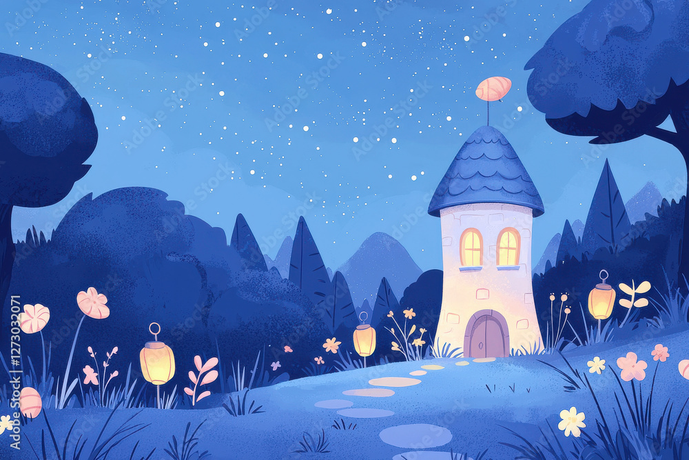 Naklejka premium whimsical castle glowing softly under starry night sky, watercolor illustration Style.