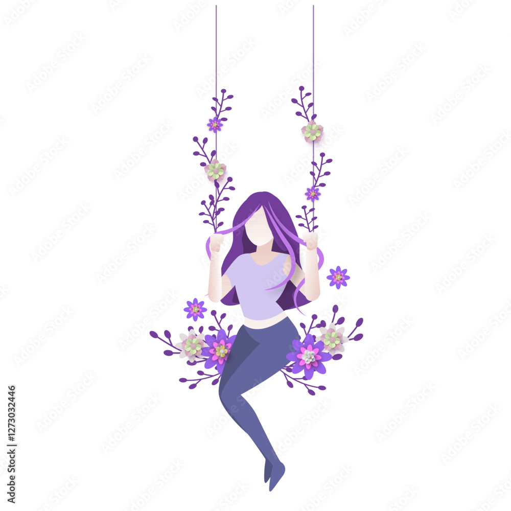 Beautiful Woman on Swing with Flowers - Paper Cut Style Vector Illustration - Feminine Aesthetic, Dreamy Art, Fantasy Girl, Floral Decor Beautiful Woman on Swing with Flowers - Paper Cut Style Vector Illustration - Feminine Aesthetic, Dreamy Art, Fantasy Girl, Floral Decor