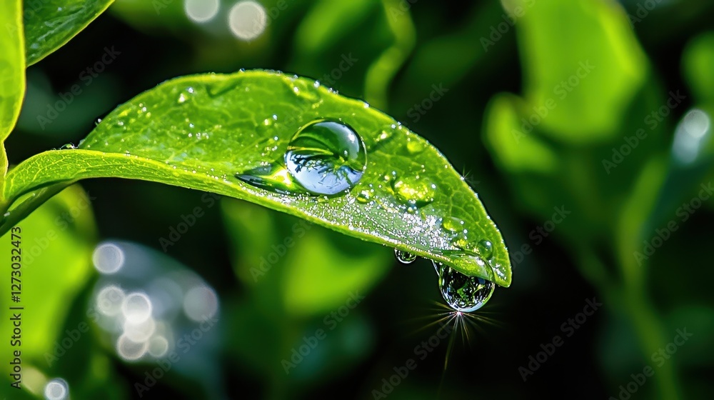 Dewdrops cling to a vibrant green leaf reflecting surrounding foliage Dewdrops cling to a vibrant green leaf reflecting surrounding foliage