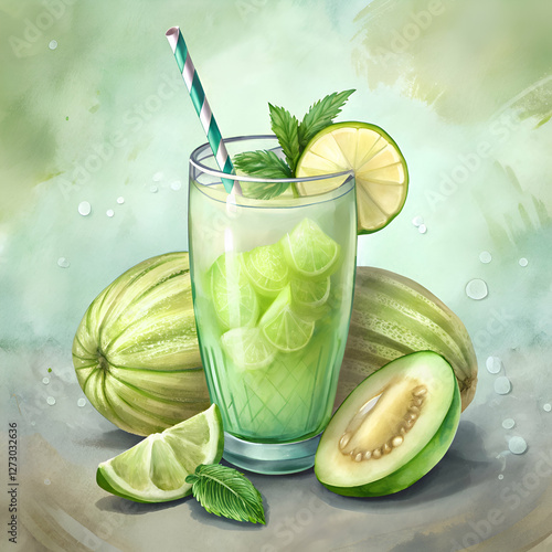 A refreshing lime and melon drink with a straw.