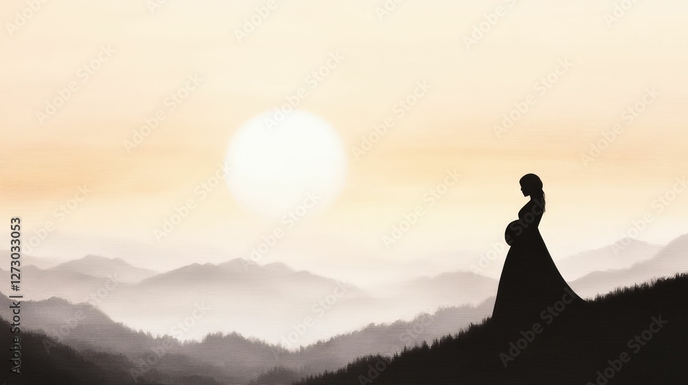 Pregnant woman's silhouette at sunrise on mountain ridge nature photography peaceful environment inspirational view