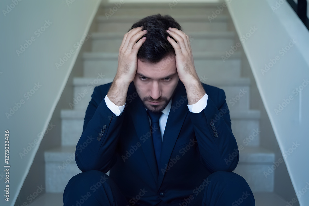 Man sits on stairs head in hands. Emotional distress visible. Problem possibly financial relationship related. Sadness, hopelessness apparent. Mental health crisis evident. Desperation evident, 3d Man sits on stairs head in hands. Emotional distress visible. Problem possibly financial relationship related. Sadness, hopelessness apparent. Mental health crisis evident. Desperation evident, 3d