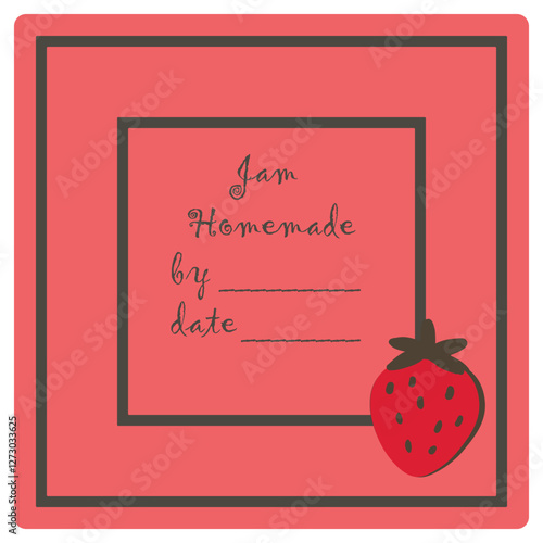 Template jam label design. Retro homemade label. Strawberry marmalade dessert product. Doodle vector illustration.