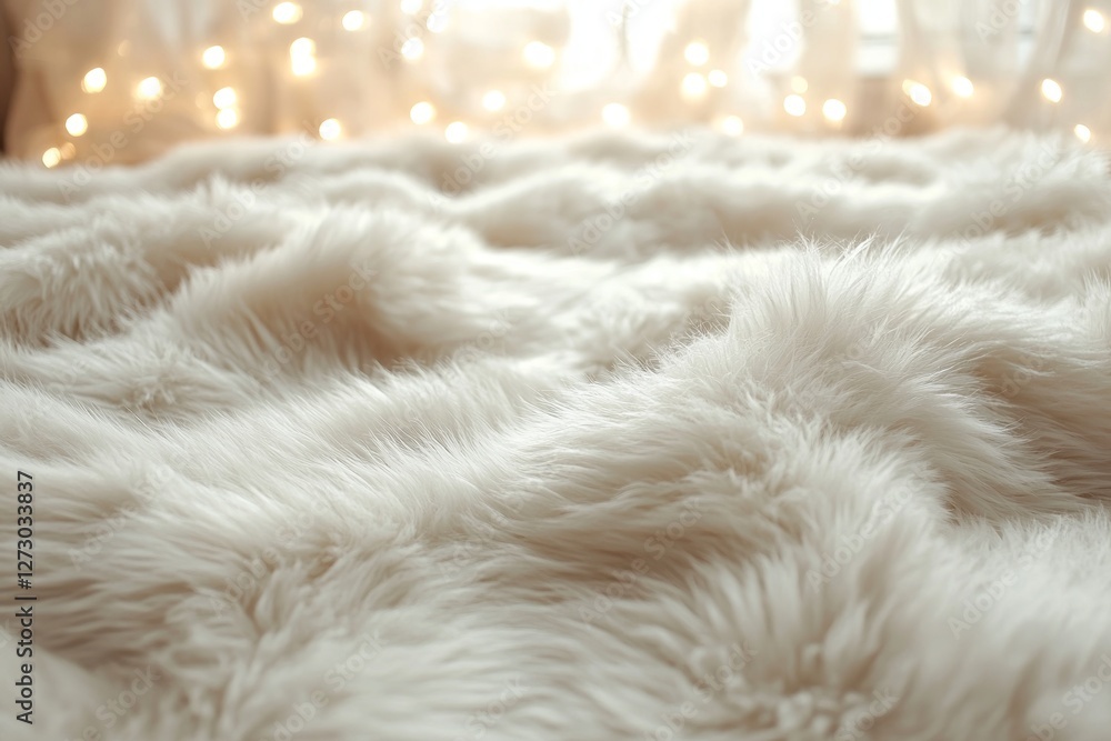 A soft, fluffy white fur blanket creates a cozy and inviting atmosphere, illuminated by warm, twinkling lights in the background. A soft, fluffy white fur blanket creates a cozy and inviting atmosphere, illuminated by warm, twinkling lights in the background.
