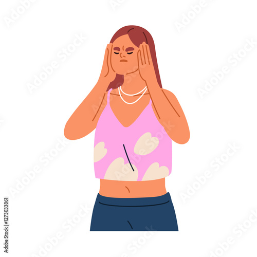 Stressed annoyed woman. Irritated angry troubled female with hands on head. Tension, headache, discomfort, frustration and irritation emotion. Flat vector illustration isolated on white background