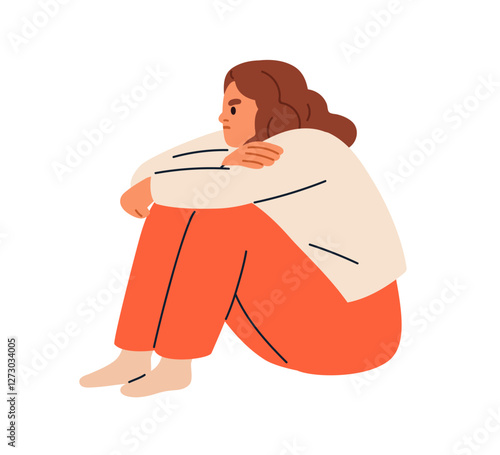 Stressed irritated woman. Angry worried annoyed female sitting on floor. Frustrated concerned person in bad mood. Anxiety, tension, annoyance. Flat vector illustration isolated on white background