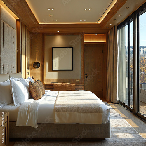 A door sign mockup hanging from a hotel room door, with a cozy interior view