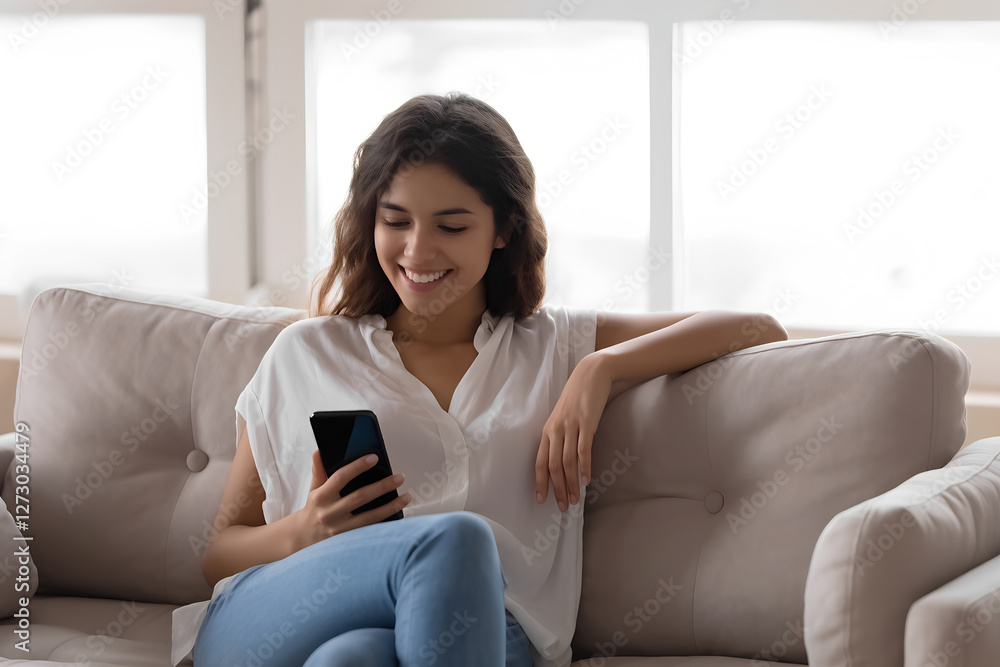 Happy young Hispanic woman uses smartphone at home. Smiling female scrolls social media shops online. Relaxed on comfy couch. Casual and modern wear. 3d illustration Happy young Hispanic woman uses smartphone at home. Smiling female scrolls social media shops online. Relaxed on comfy couch. Casual and modern wear. 3d illustration