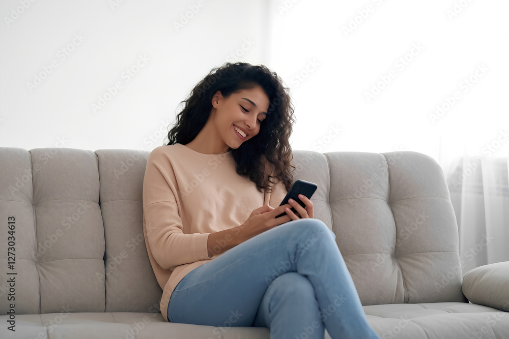 Happy young Hispanic woman uses smartphone at home. Smiling female scrolls social media shops online. Relaxed on comfy couch. Casual and modern wear. 3d illustration Happy young Hispanic woman uses smartphone at home. Smiling female scrolls social media shops online. Relaxed on comfy couch. Casual and modern wear. 3d illustration