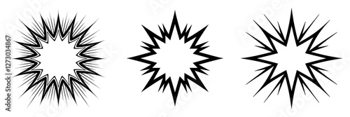Three different black starburst, sunburst, or sparkle shapes are displayed on a transparent background