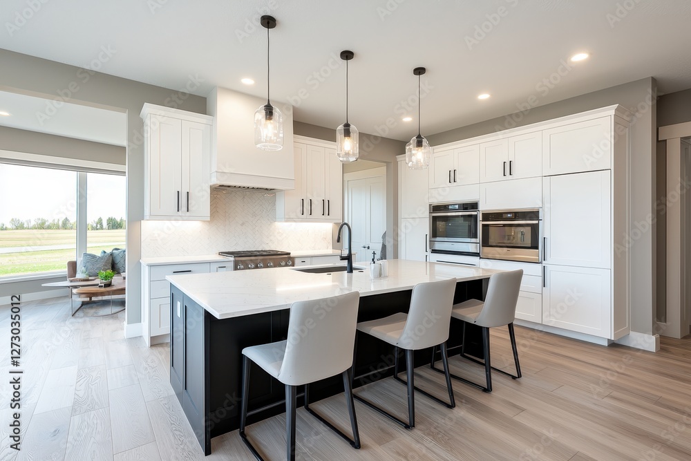 Bright modern kitchen interior with island lighting chairs and hardwood floor creating a sense of spaciousness and elegance in a contemporary home Bright modern kitchen interior with island lighting chairs and hardwood floor creating a sense of spaciousness and elegance in a contemporary home
