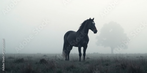 A solitary dark horse stands in a misty meadow, a lone tree visible in the distant fog, a serene landscape of quiet contemplation