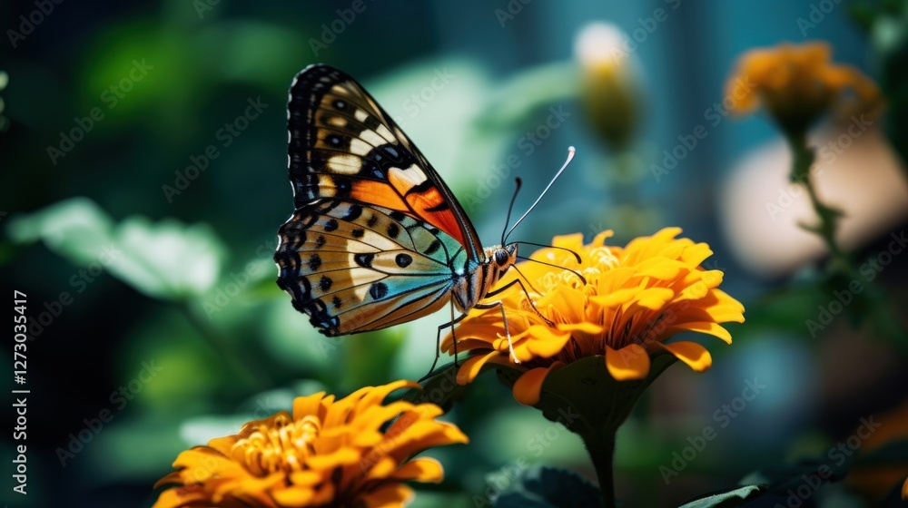 Butterfly gathering nectar from a bright orange flower in summer Butterfly gathering nectar from a bright orange flower in summer