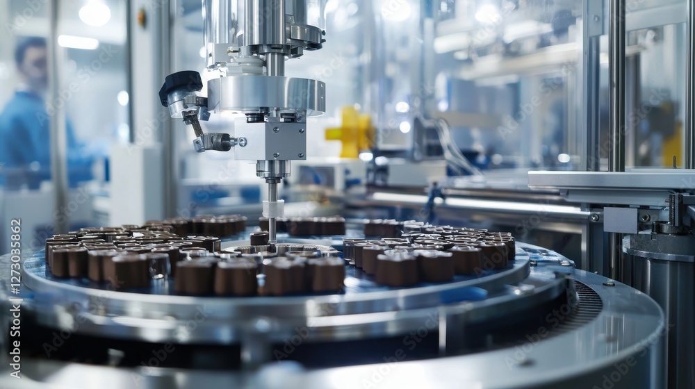 Automated industrial process for manufacturing brown components on a circular conveyor system with robotic arm precision and a blurred factory background Automated industrial process for manufacturing brown components on a circular conveyor system with robotic arm precision and a blurred factory background