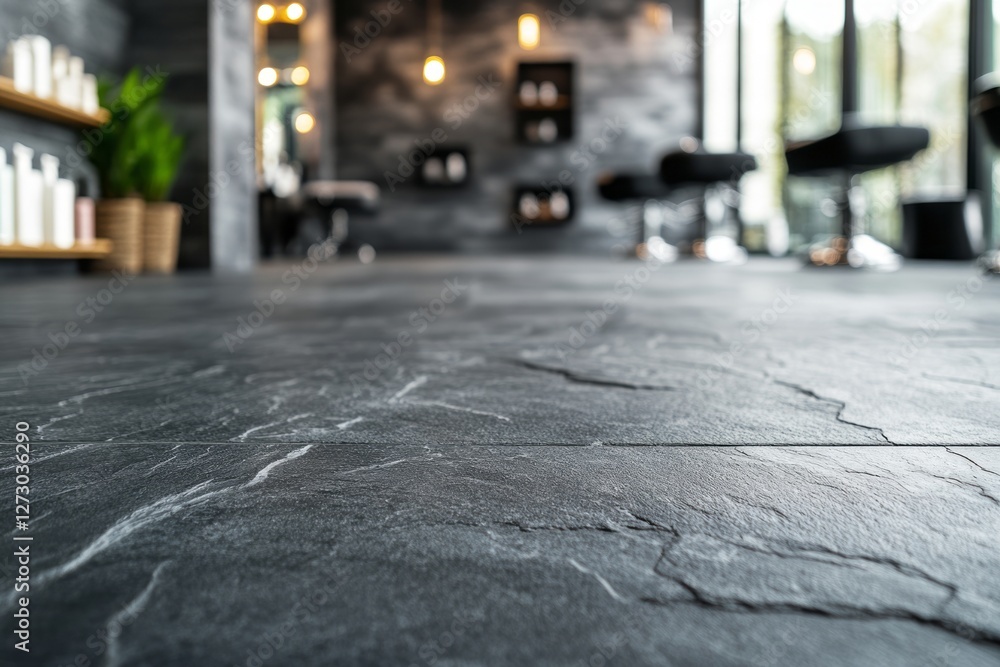 Stylish interior of a modern salon featuring sleek black stone flooring and contemporary décor. Stylish interior of a modern salon featuring sleek black stone flooring and contemporary décor.