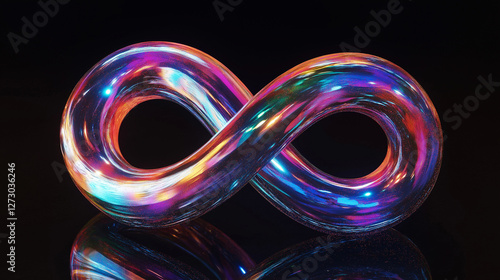 Luminous Infinity Loop with Sci-Fi Aesthetics. A cyber-inspired, fluid infinity shape bathed in radiant neon colors, set against a dark background, evoking themes of limitless time and energy