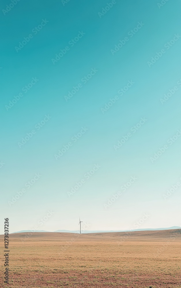 Obraz premium A wind turbine standing tall in an open field against a vibrant blue sky, symbolizing renewable energy and sustainability.