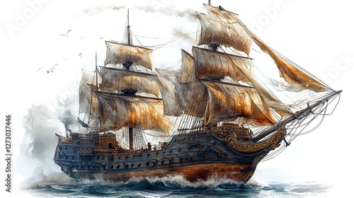 realistic ancient pirate ship illustration in png format with transparent background for historical nautical and adventure themed design projects