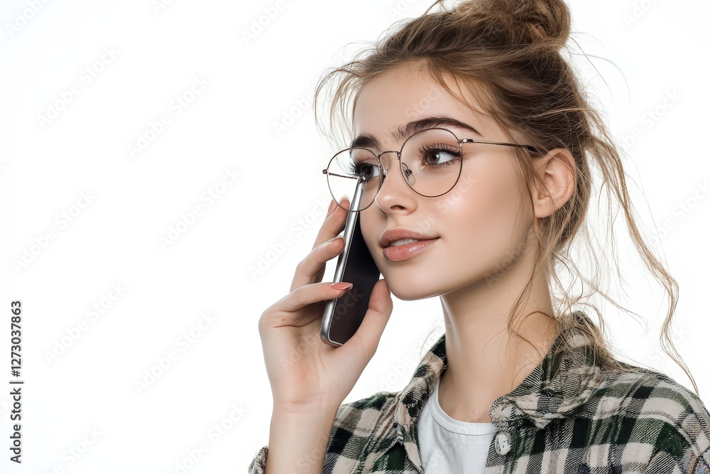 Young woman wearing glasses talking on the phone isolated on white background Young woman wearing glasses talking on the phone isolated on white background