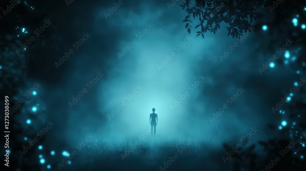Fototapeta premium Whimsical silhouette against glowing bioluminescent forest ethereal scene enchanted atmosphere nighttime mystical concept