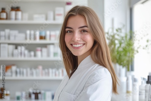 Free Download Young and Beautiful Pharmacist Exuding Professionalism and Confidence in a Modern Pharmacy Setting - GFXLoad