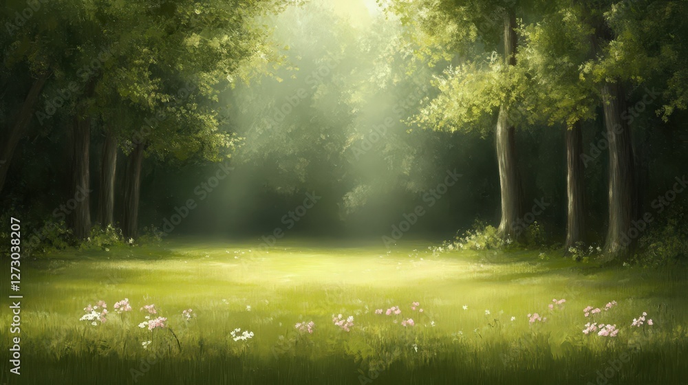Obraz premium Tranquil wildflower meadow illuminated by dappled light surrounded by tall trees nature scene lush environment serene view