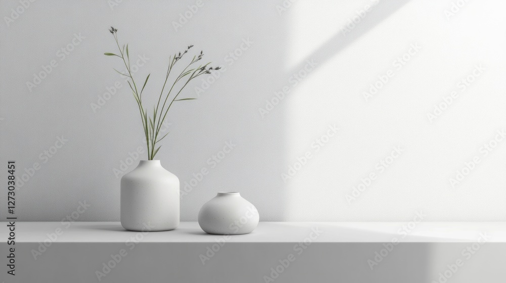 Minimalist display of two white vases with dried plants on a white shelf against a bright white wall. Soft sunlight casts gentle shadows. Minimalist display of two white vases with dried plants on a white shelf against a bright white wall. Soft sunlight casts gentle shadows.