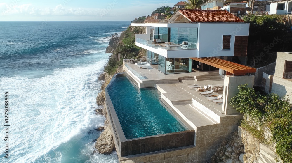 Fototapeta premium A modern, luxury home by the ocean with an infinity pool, overlooking the crashing waves of the surf and offering stunning coastal views.