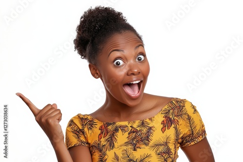 Excited woman pointing left looking enthusiastic making a fun suggestion isolated on white background