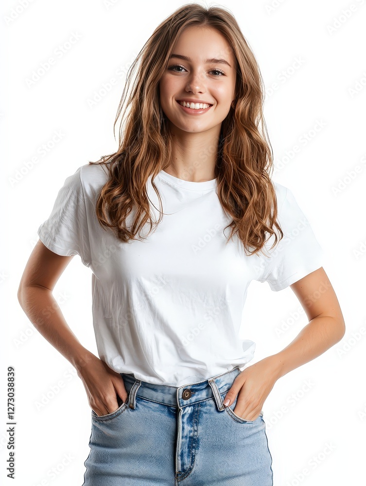 Young smiling woman standing with hands in pockets wearing t-shirt with copy space isolated on white background Young smiling woman standing with hands in pockets wearing t-shirt with copy space isolated on white background