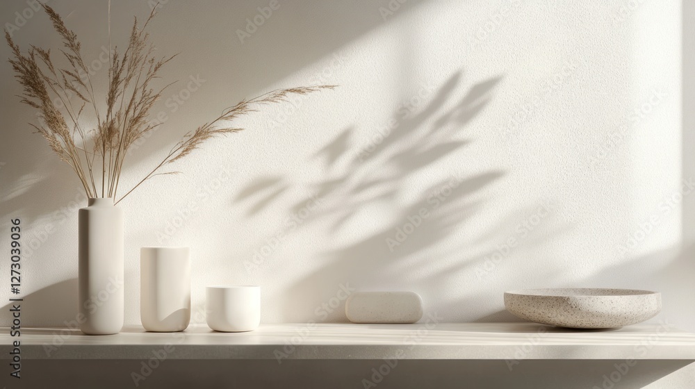 Minimalist display of white vases and decorative items on a shelf, natural light shadows. Minimalist display of white vases and decorative items on a shelf, natural light shadows.