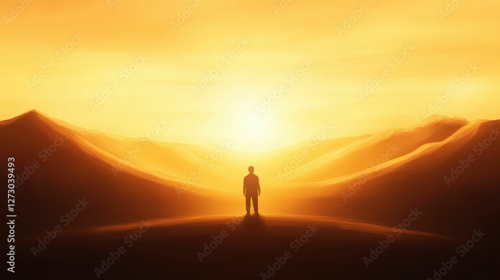A serene figure stands alone against a glowing sunset, silhouetted by rolling hills, evoking feelings of solitude and contemplation. A serene figure stands alone against a glowing sunset, silhouetted by rolling hills, evoking feelings of solitude and contemplation.