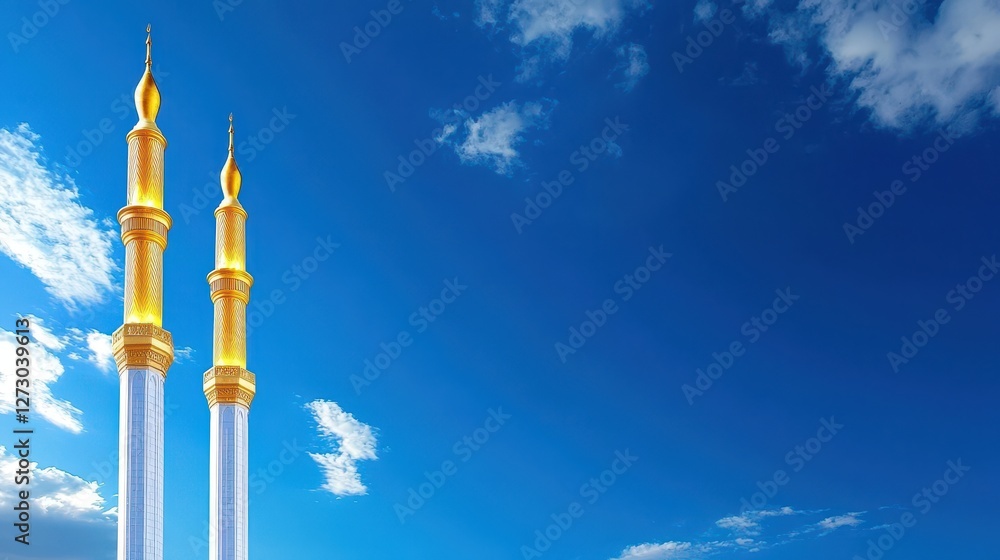 Two minarets stand tall against a backdrop of blue sky Two minarets stand tall against a backdrop of blue sky