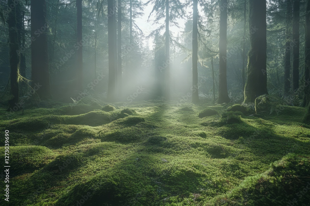 Obraz premium Mysterious forest scene with sunlight filtering through tall trees and lush green moss covering the ground.