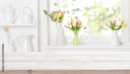 Cuadro en lienzo Empty wooden table on bright blurred interior of white kitchen window sill with