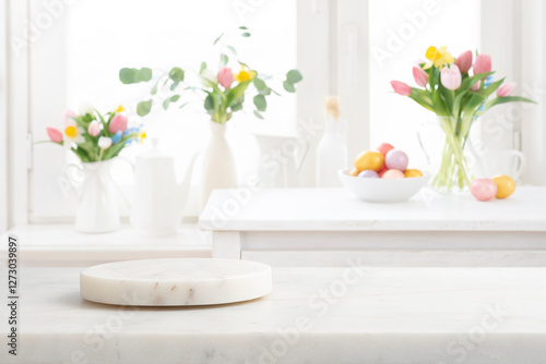 Photography Marble round podium and table on blurred Easter kitchen decoration background