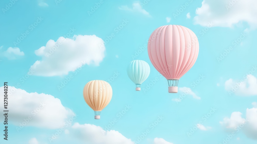 Obraz premium Three colorful hot air balloons float gently against a bright blue sky with fluffy clouds, creating a serene and whimsical scene.
