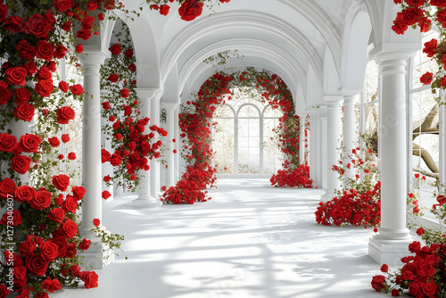 3D wallpaper with red roses, arches, and white windows in a fantasy-themed room, offering a bright, vibrant setting filled with natural beauty and floral elegance for a romantic ambiance.